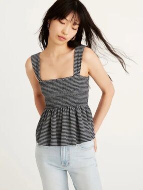 Madewell XXS Navy Striped Smocked Peplum Tank Top L2822